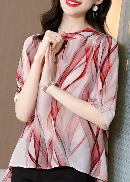 Stylish Red Stand Collar Print Patchwork Chiffon Blouse Top Summer TP1009 - fabuloryshop