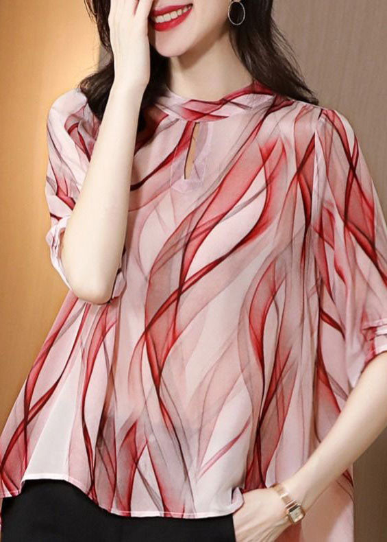 Stylish Red Stand Collar Print Patchwork Chiffon Blouse Top Summer TP1009