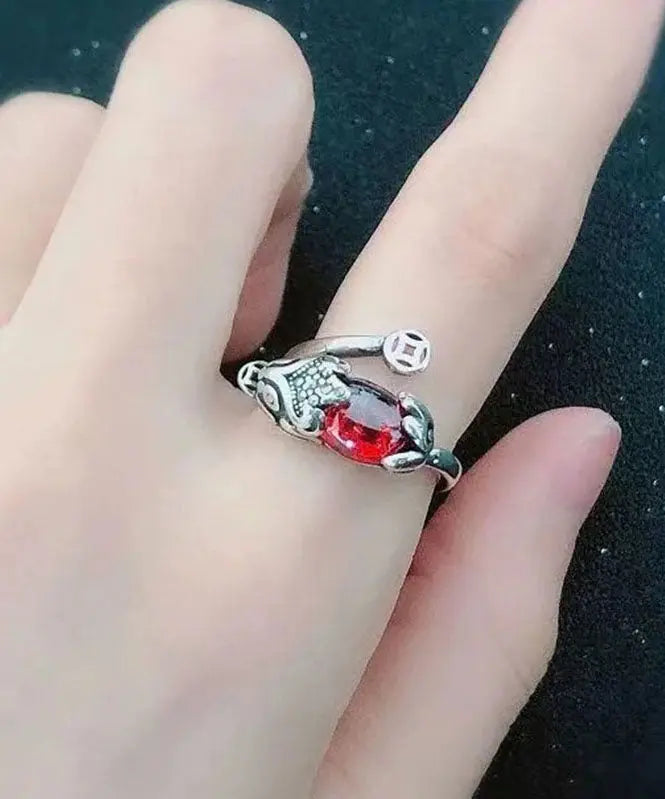 Stylish Red Steling Silver Inlaid A Mythical Wild Animal Rings Ada Fashion