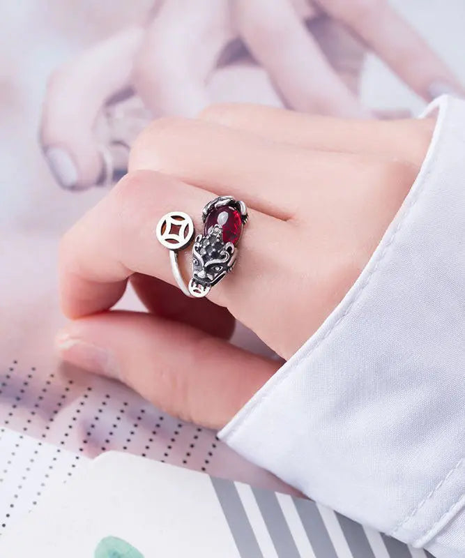 Stylish Red Steling Silver Inlaid A Mythical Wild Animal Rings Ada Fashion