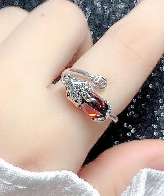 Stylish Red Steling Silver Inlaid A Mythical Wild Animal Rings Ada Fashion