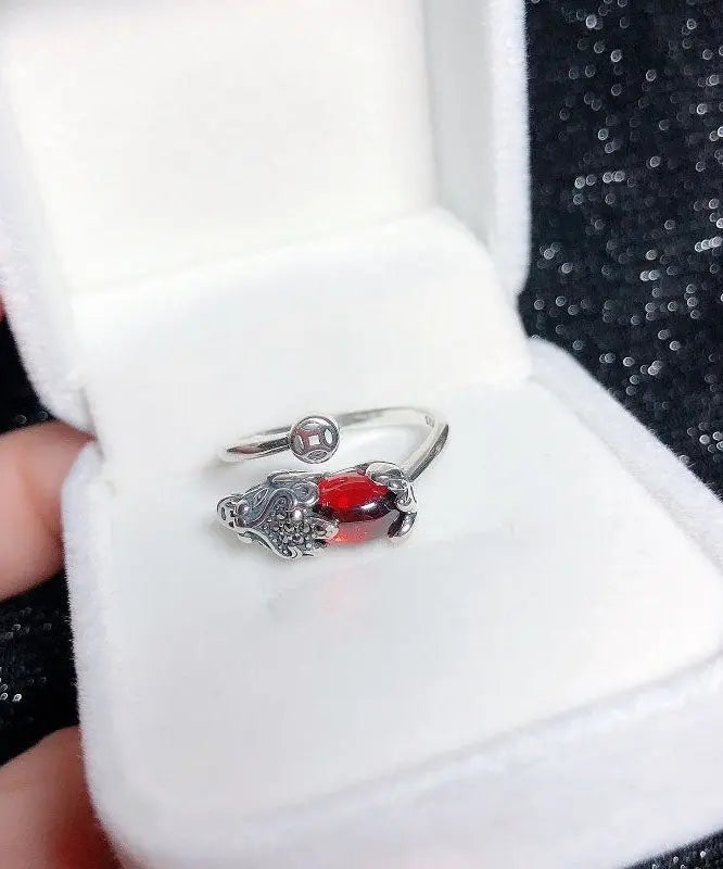 Stylish Red Steling Silver Inlaid A Mythical Wild Animal Rings Ada Fashion