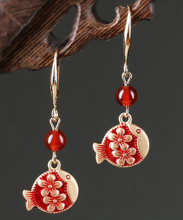 Stylish Red Sterling Silver Agate Jade Cloisonne Drop Fish Earrings LY2038 - fabuloryshop