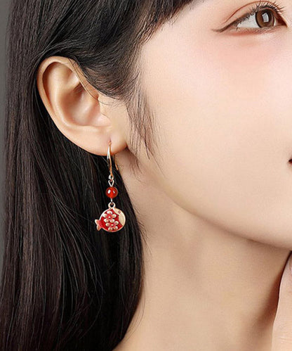 Stylish Red Sterling Silver Agate Jade Cloisonne Drop Fish Earrings LY2038 - fabuloryshop