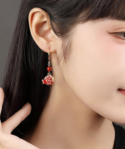 Stylish Red Sterling Silver Agate Jade Cloisonne Drop Fish Earrings LY2038 - fabuloryshop