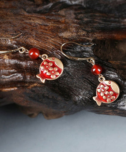 Stylish Red Sterling Silver Agate Jade Cloisonne Drop Fish Earrings LY2038 - fabuloryshop