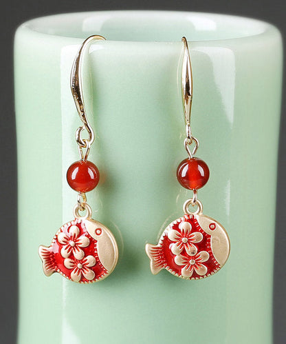 Stylish Red Sterling Silver Agate Jade Cloisonne Drop Fish Earrings LY2038 - fabuloryshop