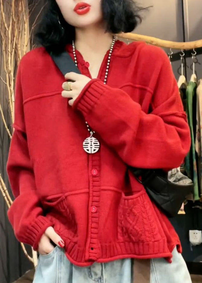 Stylish Red V Neck Pockets Patchwork Knit Cardigan Fall Ada Fashion