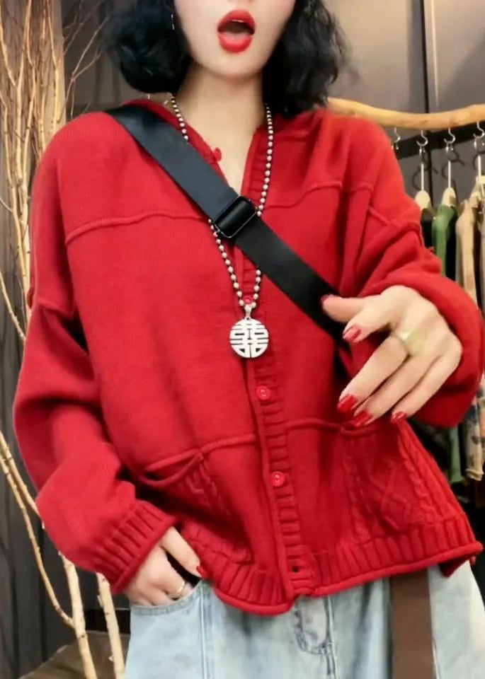 Stylish Red V Neck Pockets Patchwork Knit Cardigan Fall Ada Fashion