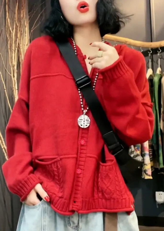 Stylish Red V Neck Pockets Patchwork Knit Cardigan Fall Ada Fashion