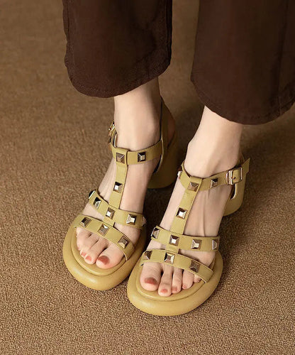 Stylish Rivet Splicing Chunky Sandals Yellow Faux Leather Ada Fashion