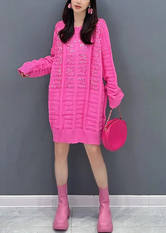 Stylish Rose O Neck Zircon Patchwork Knit Sweaters Dress Fall Ada Fashion