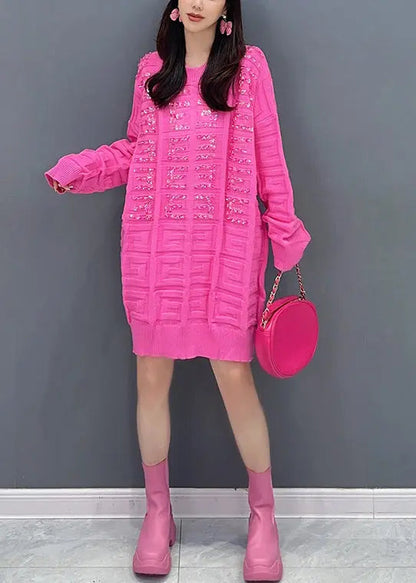 Stylish Rose O Neck Zircon Patchwork Knit Sweaters Dress Fall Ada Fashion