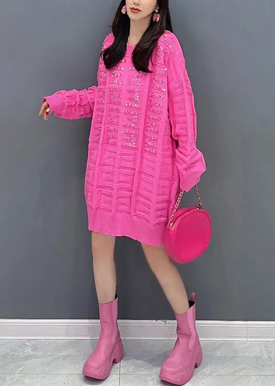 Stylish Rose O Neck Zircon Patchwork Knit Sweaters Dress Fall Ada Fashion