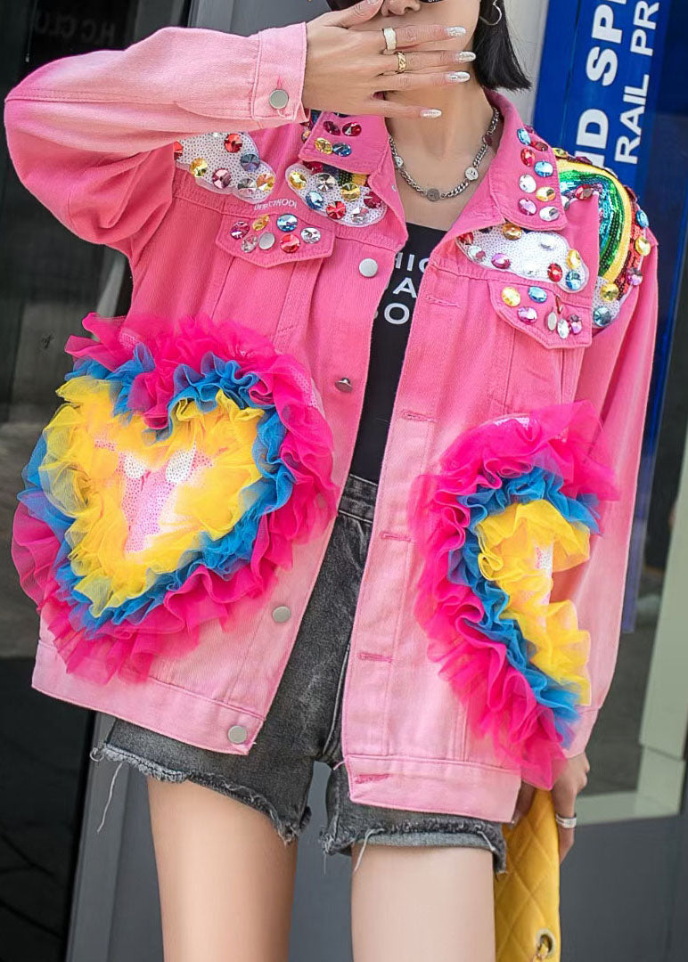 Stylish Rose Ruffled Zircon Sequins Patchwork Denim Coat Spring LY3988 - fabuloryshop