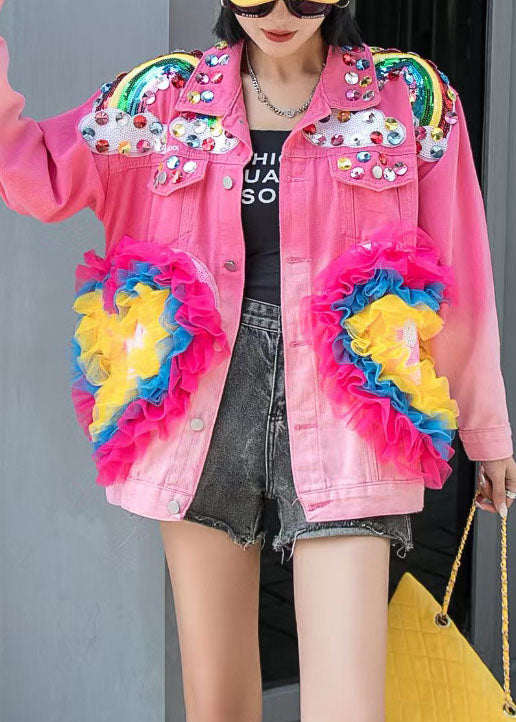 Stylish Rose Ruffled Zircon Sequins Patchwork Denim Coat Spring LY3988 - fabuloryshop