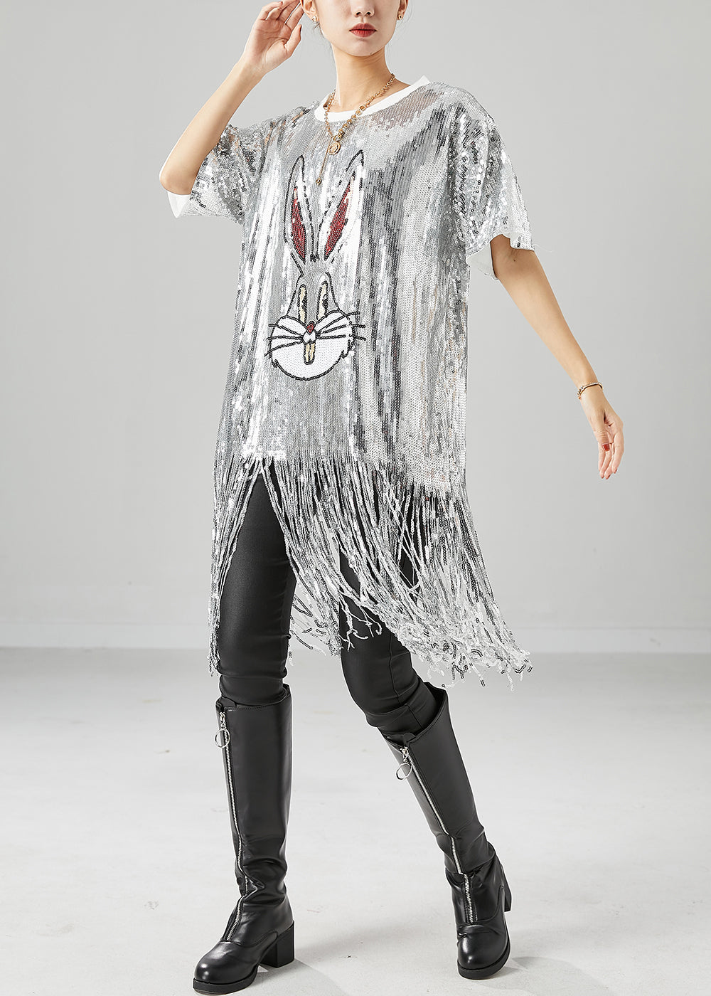 Stylish Silver Sequins Tasseled Rabbit Beach Vest Summer LY6778 - fabuloryshop