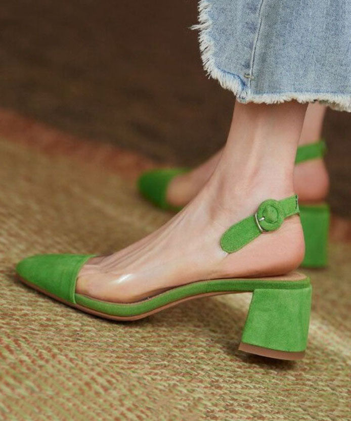 Stylish Splicing Clear Chunky High Heels Green Velour Ada Fashion