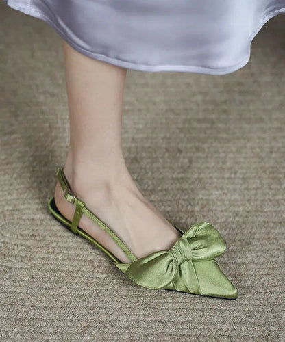 Stylish Splicing Walking Sandals Green Satin Bow Pointed Toe Ada Fashion