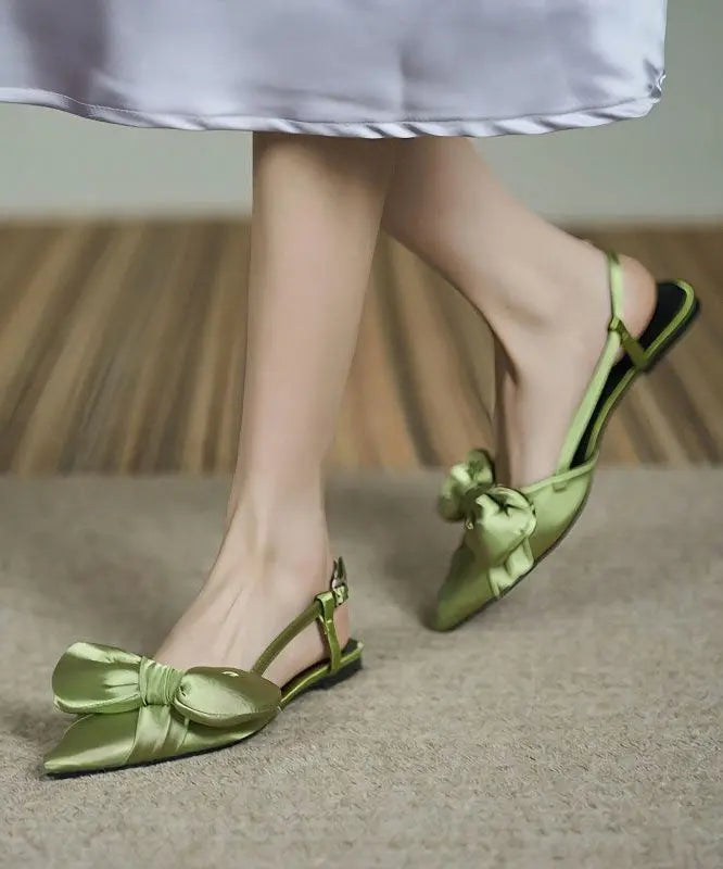 Stylish Splicing Walking Sandals Green Satin Bow Pointed Toe Ada Fashion