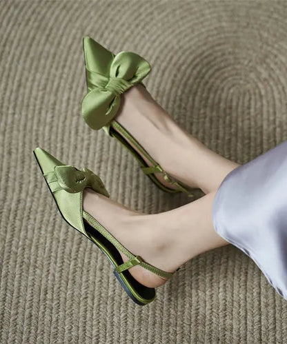 Stylish Splicing Walking Sandals Green Satin Bow Pointed Toe Ada Fashion