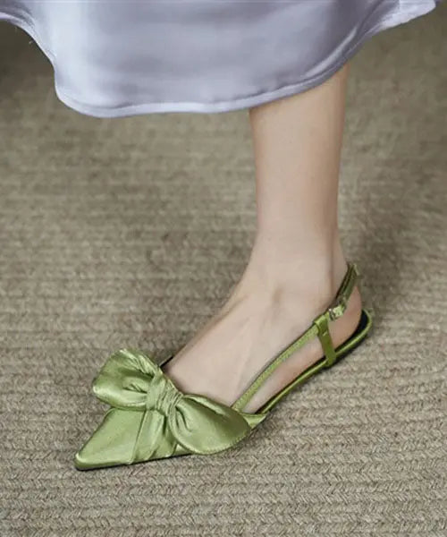 Stylish Splicing Walking Sandals Green Satin Bow Pointed Toe Ada Fashion