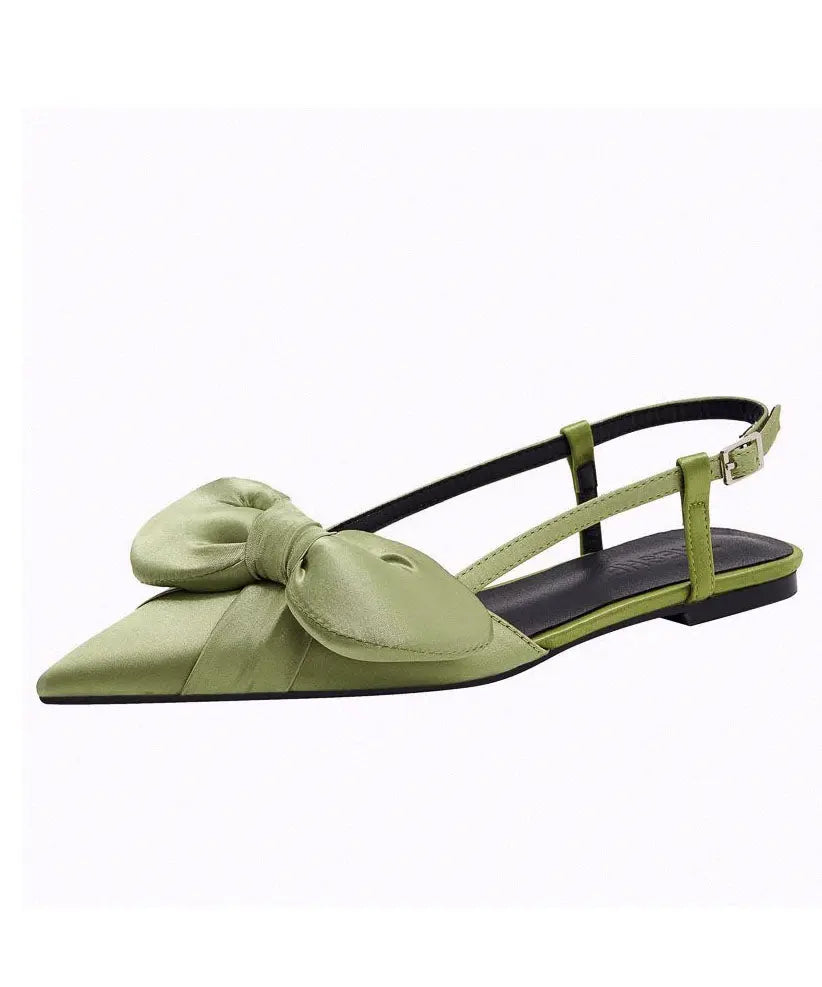 Stylish Splicing Walking Sandals Green Satin Bow Pointed Toe Ada Fashion