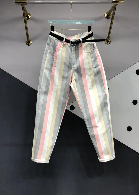 Stylish Striped Pockets Patchwork High Waist Denim Pants Fall Ada Fashion