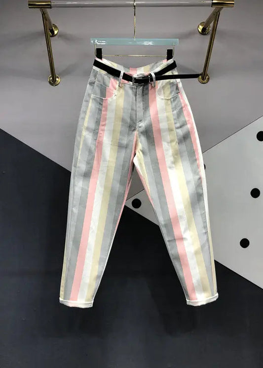 Stylish Striped Pockets Patchwork High Waist Denim Pants Fall Ada Fashion