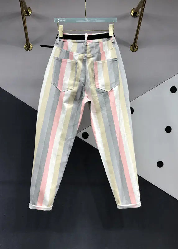 Stylish Striped Pockets Patchwork High Waist Denim Pants Fall Ada Fashion