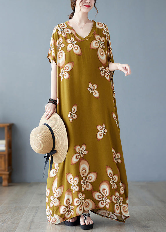 Stylish V Neck Print Cotton Beach Maxi Dresses Short Sleeve Ada Fashion