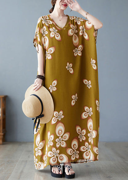 Stylish V Neck Print Cotton Beach Maxi Dresses Short Sleeve Ada Fashion