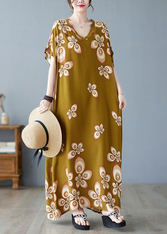 Stylish V Neck Print Cotton Beach Maxi Dresses Short Sleeve Ada Fashion