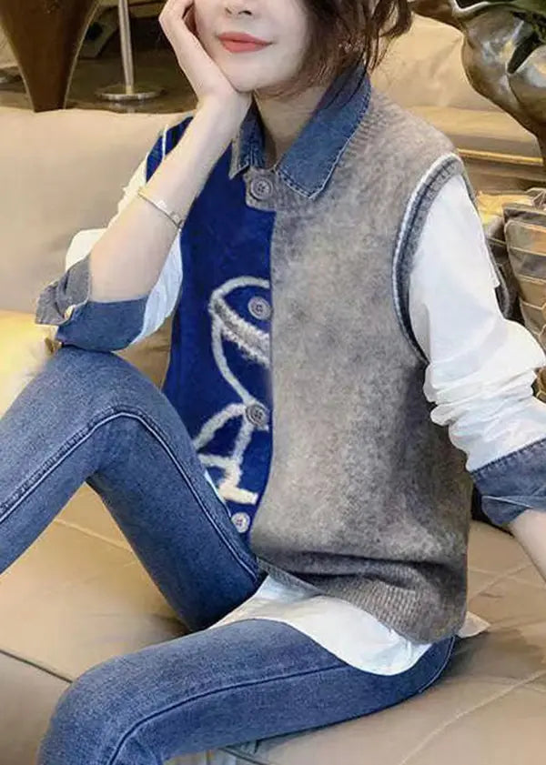 Stylish Vest Denim Patchwork Shirt Autumn New Casual Two-Piece Set Ada Fashion