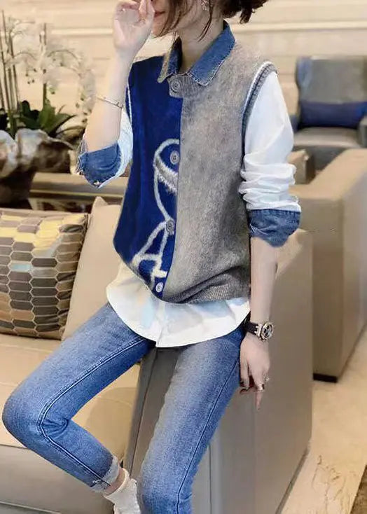 Stylish Vest Denim Patchwork Shirt Autumn New Casual Two-Piece Set Ada Fashion