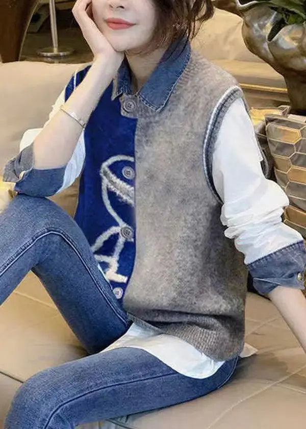 Stylish Vest Denim Patchwork Shirt Autumn New Casual Two-Piece Set Ada Fashion