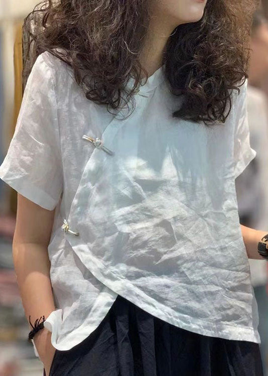 Stylish White Chinese Button Asymmetrical Patchwork Cotton Top Summer LY4028 - fabuloryshop