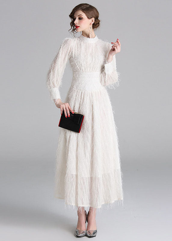 Stylish White Fluffy Tassel Patchwork Cotton Long Dresses Lantern Sleeve LY7414 - fabuloryshop