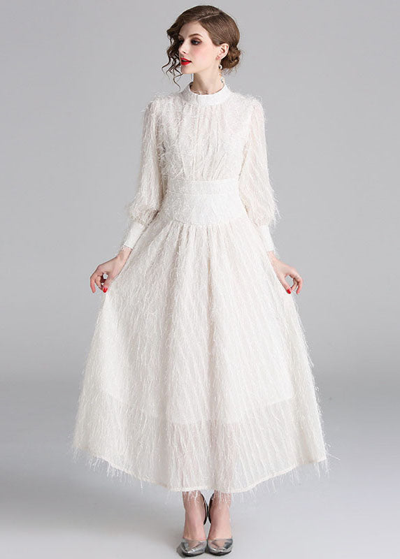 Stylish White Fluffy Tassel Patchwork Cotton Long Dresses Lantern Sleeve LY7414 - fabuloryshop