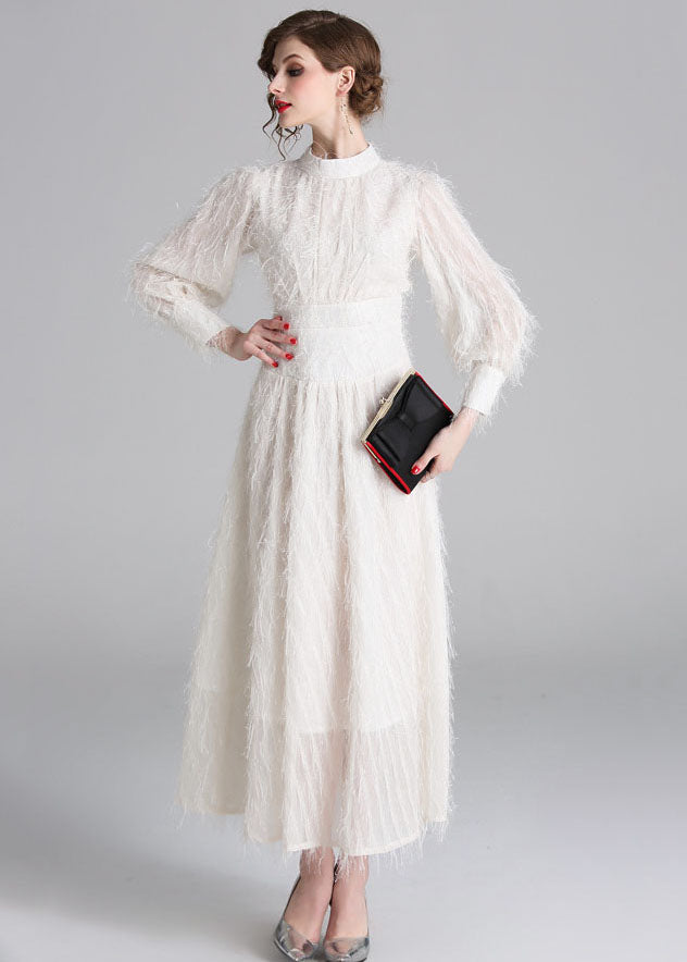 Stylish White Fluffy Tassel Patchwork Cotton Long Dresses Lantern Sleeve LY7414 - fabuloryshop