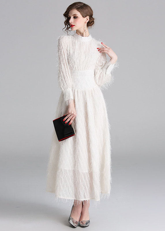 Stylish White Fluffy Tassel Patchwork Cotton Long Dresses Lantern Sleeve LY7414 - fabuloryshop