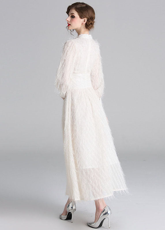 Stylish White Fluffy Tassel Patchwork Cotton Long Dresses Lantern Sleeve LY7414 - fabuloryshop