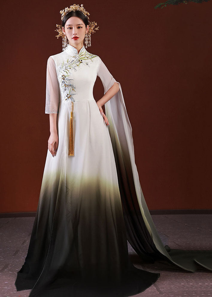 Stylish White Gradient Color Embroideried Patchwork Silk Long Dress Half Sleeve Ada Fashion