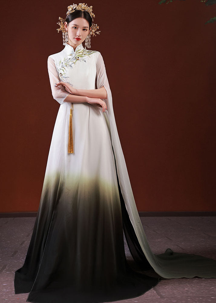 Stylish White Gradient Color Embroideried Patchwork Silk Long Dress Half Sleeve Ada Fashion