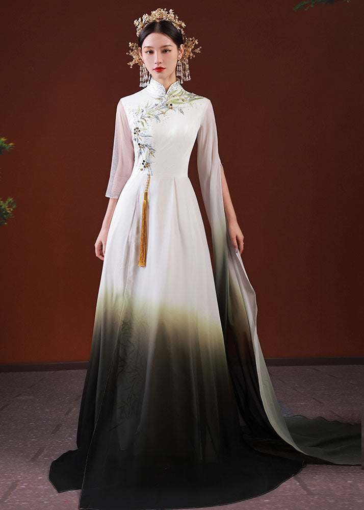 Stylish White Gradient Color Embroideried Patchwork Silk Long Dress Half Sleeve Ada Fashion