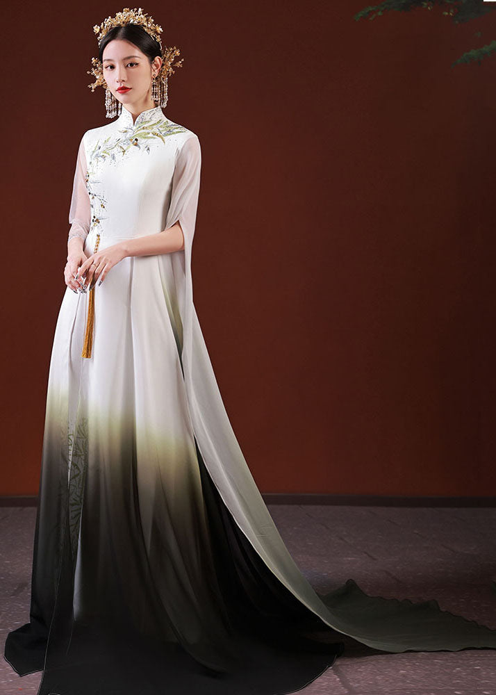 Stylish White Gradient Color Embroideried Patchwork Silk Long Dress Half Sleeve Ada Fashion