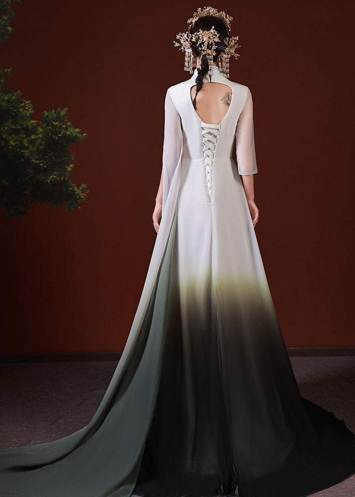 Stylish White Gradient Color Embroideried Patchwork Silk Long Dress Half Sleeve Ada Fashion