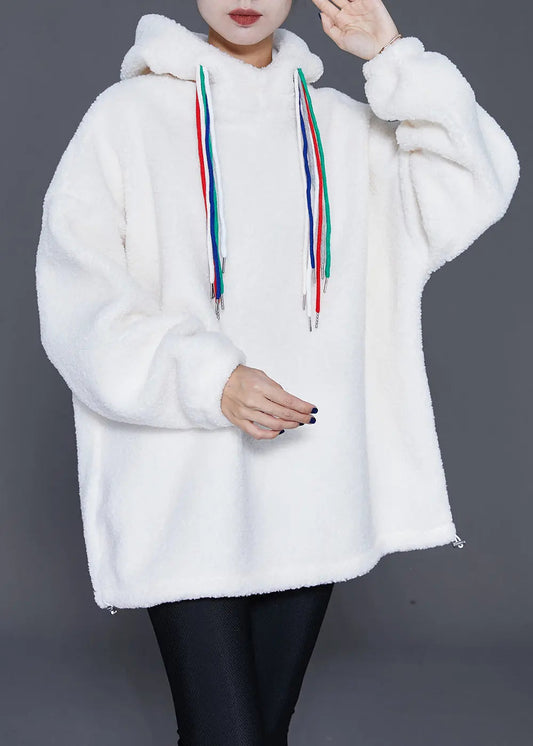 Stylish White Hooded Drawstring Faux Fur Sweatshirts Top Winter Ada Fashion