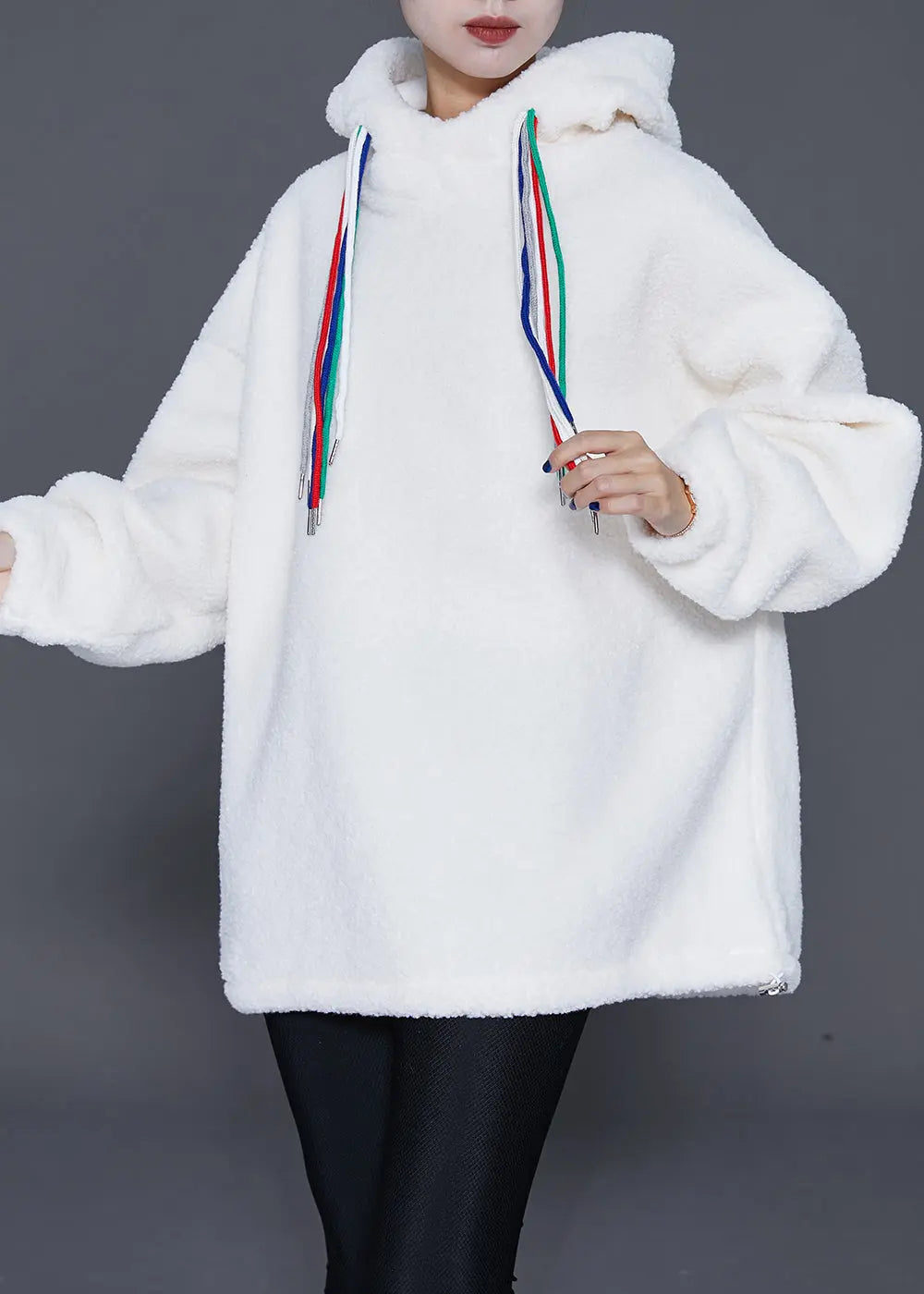 Stylish White Hooded Drawstring Faux Fur Sweatshirts Top Winter Ada Fashion