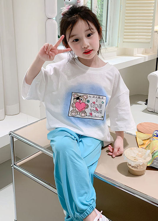 Stylish White O Neck Print Cotton Kids Girls T Shirts Summer LY5520 - fabuloryshop